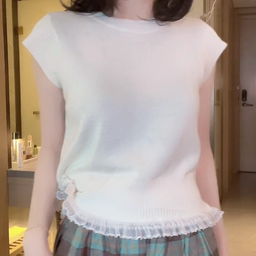 设计感下摆拼接蕾丝圆领毛针织衫女2025新款春夏气质灰色短袖上衣