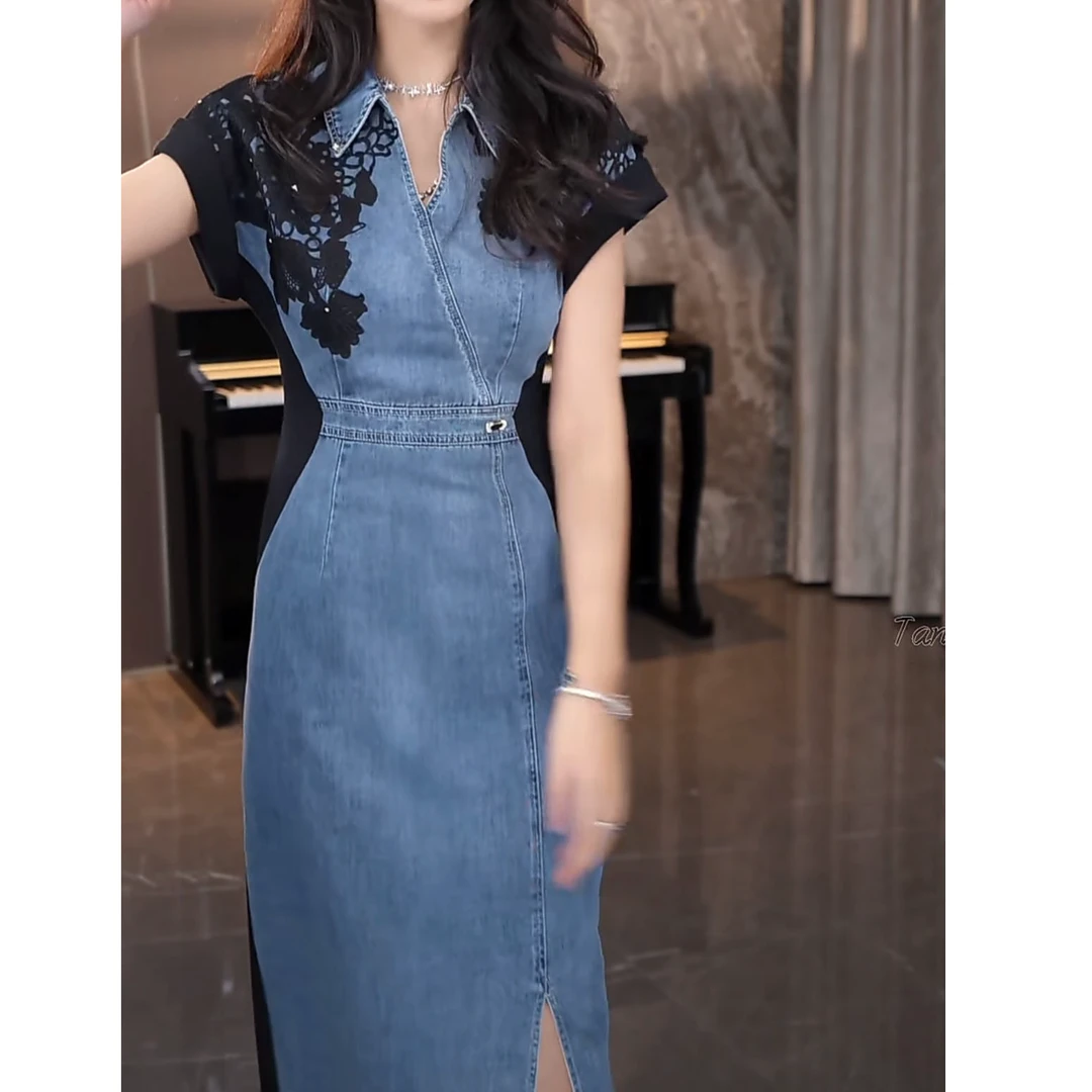 邂逅优雅时尚休闲百搭设计感气质连衣裙牛仔拼接裙子设计感高级感