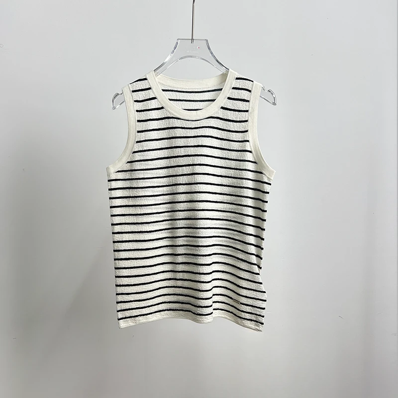 100%桑蚕丝黑白条纹工字背心内搭外穿圆领无袖T恤打底衫HZ-B23131