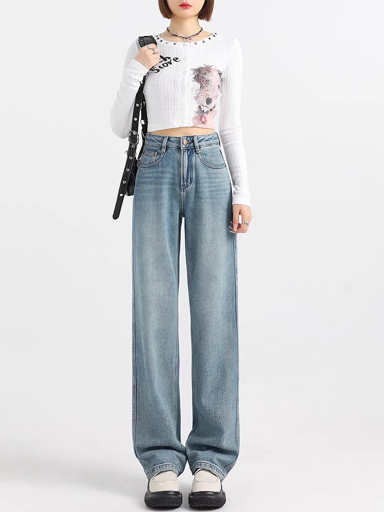 加绒高腰百搭复古阔腿牛仔裤女宽松显瘦直筒拖地裤