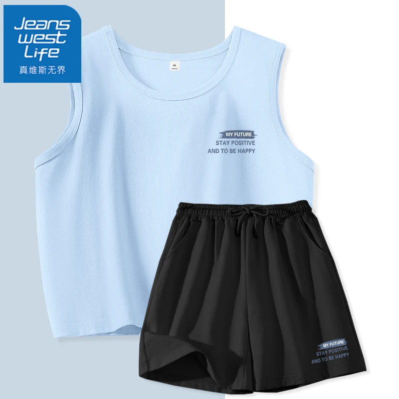 真维斯无界夏季薄款休闲背心短裤套装男女同款2025新款纯棉学生一
