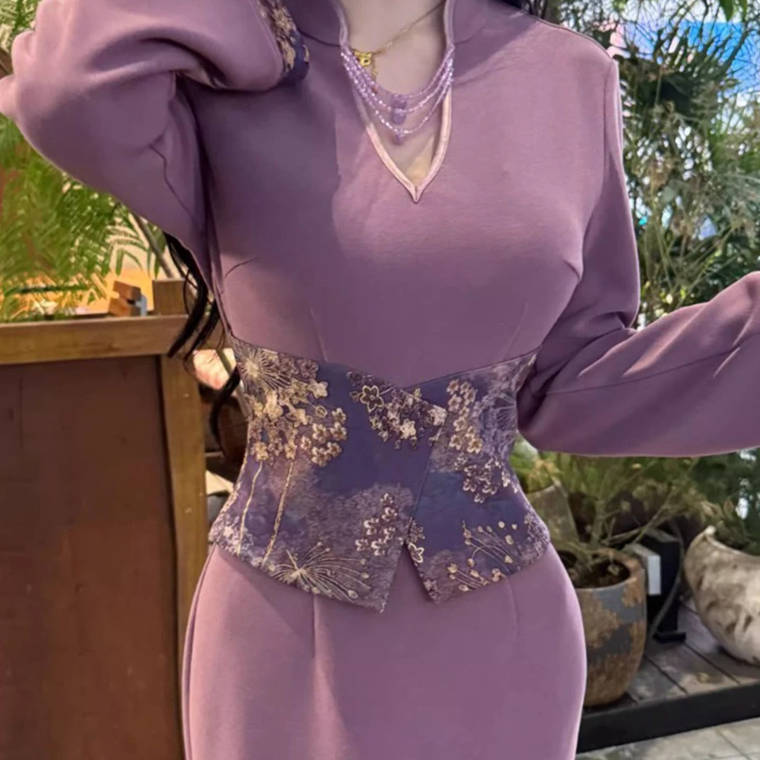 画报夫人新中式紫色长袖旗袍2025秋冬新款修身收腰改良掐腰鱼尾裙