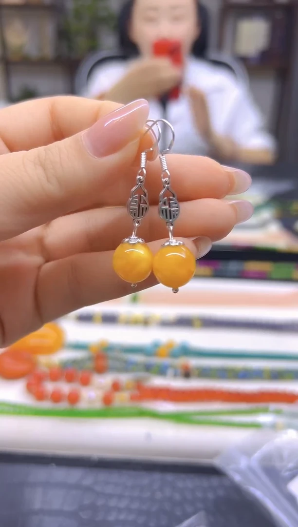 蜜蜡银S925镶嵌耳饰DIY款E898