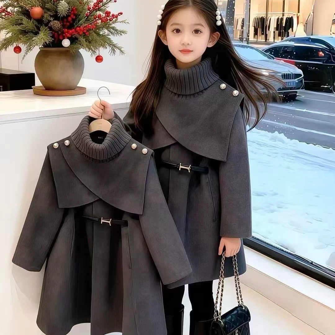 女童时尚洋气2025新款宽松呢子韩版潮流加绒加厚斗篷中大童大衣