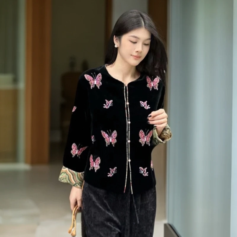 新中式蝴蝶常规短外套短款真丝丝绒气质上衣中式重工设计师时尚