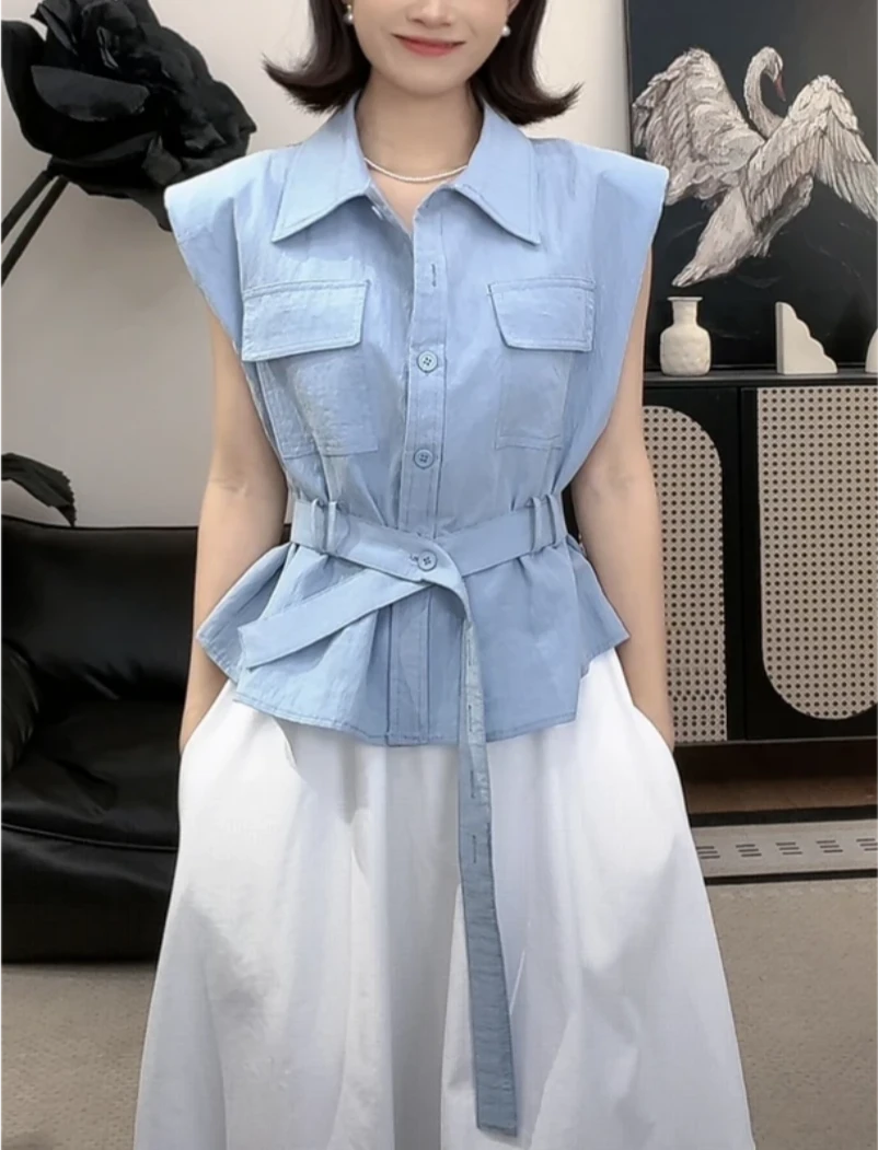 高级感衬衫短袖女上衣百搭透气凉感舒适休闲百搭新品带腰带9515