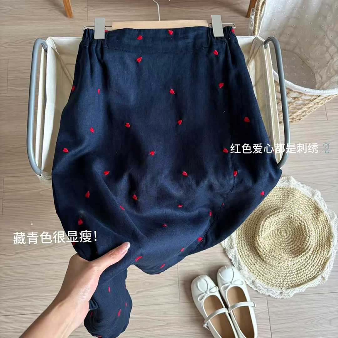 温柔系藏青色麻本色复古显瘦女2025夏季新款小众不撞款半身裙