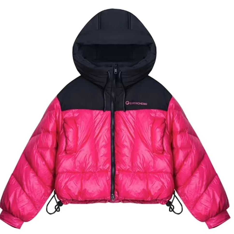 冬季新款小个子撞色拼接连帽短款羽绒服H2011