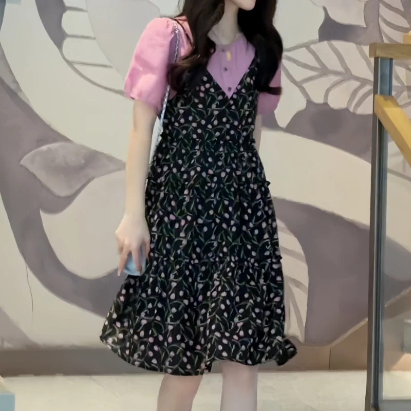 大码设计感假两件碎花拼接吊带初秋胖MM显瘦高腰垂感短袖连衣裙子