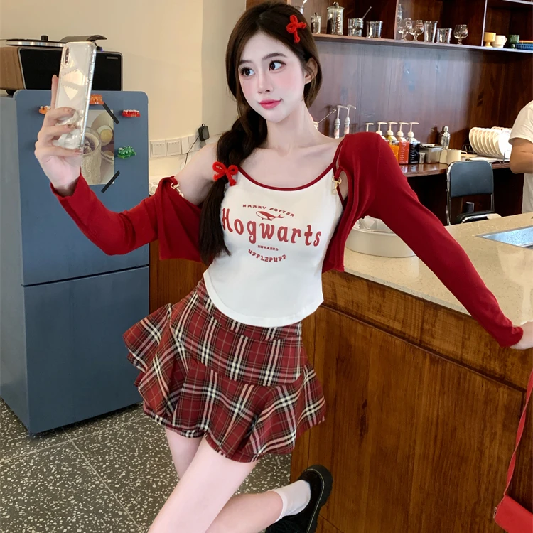 美式大码胖妹妹字母印花吊带T恤红色格子半裙学院风防晒套装
