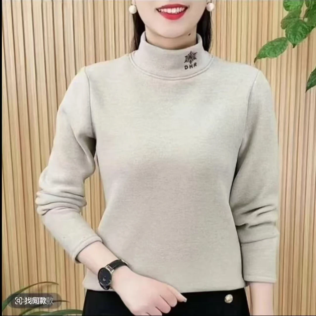 【德绒】秋冬新款时尚精致半高领刺绣气质显瘦长袖上衣