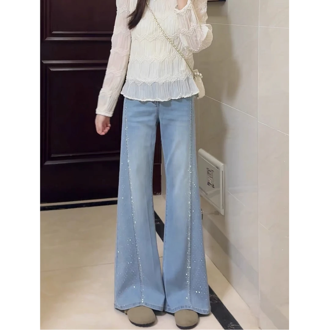 莱赛尔天丝夏季新款弹力烫钻不掉钻高腰牛仔裤女遮肉显瘦阔腿裤子