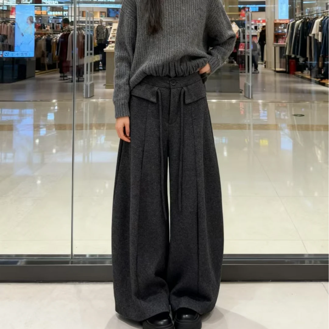 新款时尚洋气百搭阔腿裤毛呢加绒裤子新款时尚洋气百搭女装休闲裤