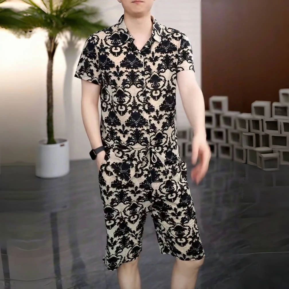 2025夏季男士欧货半袖翻领纽扣牛奶丝花纹轻奢T恤短裤套装TZ8669