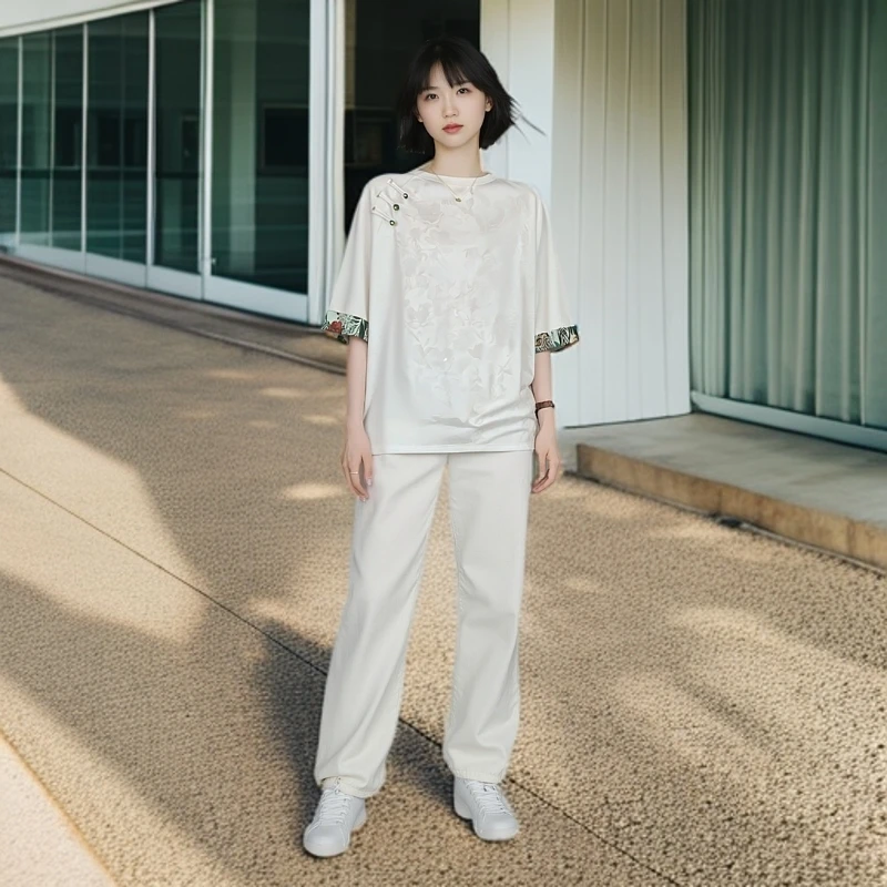 胖mm国风盘扣插肩洋气衣服女高级感醋酸缎面提花短袖T恤女夏大码