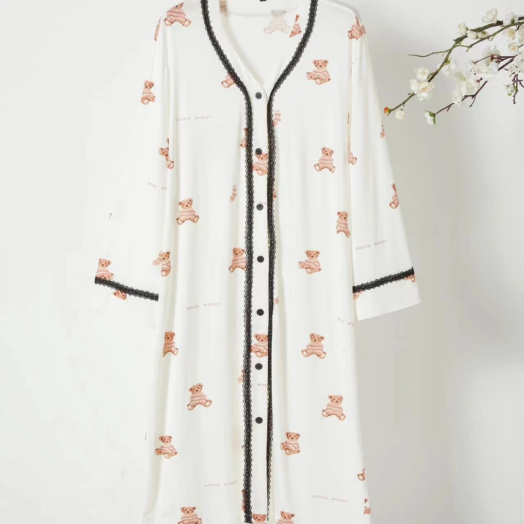 春秋款纯棉七分袖日系风开衫睡裙