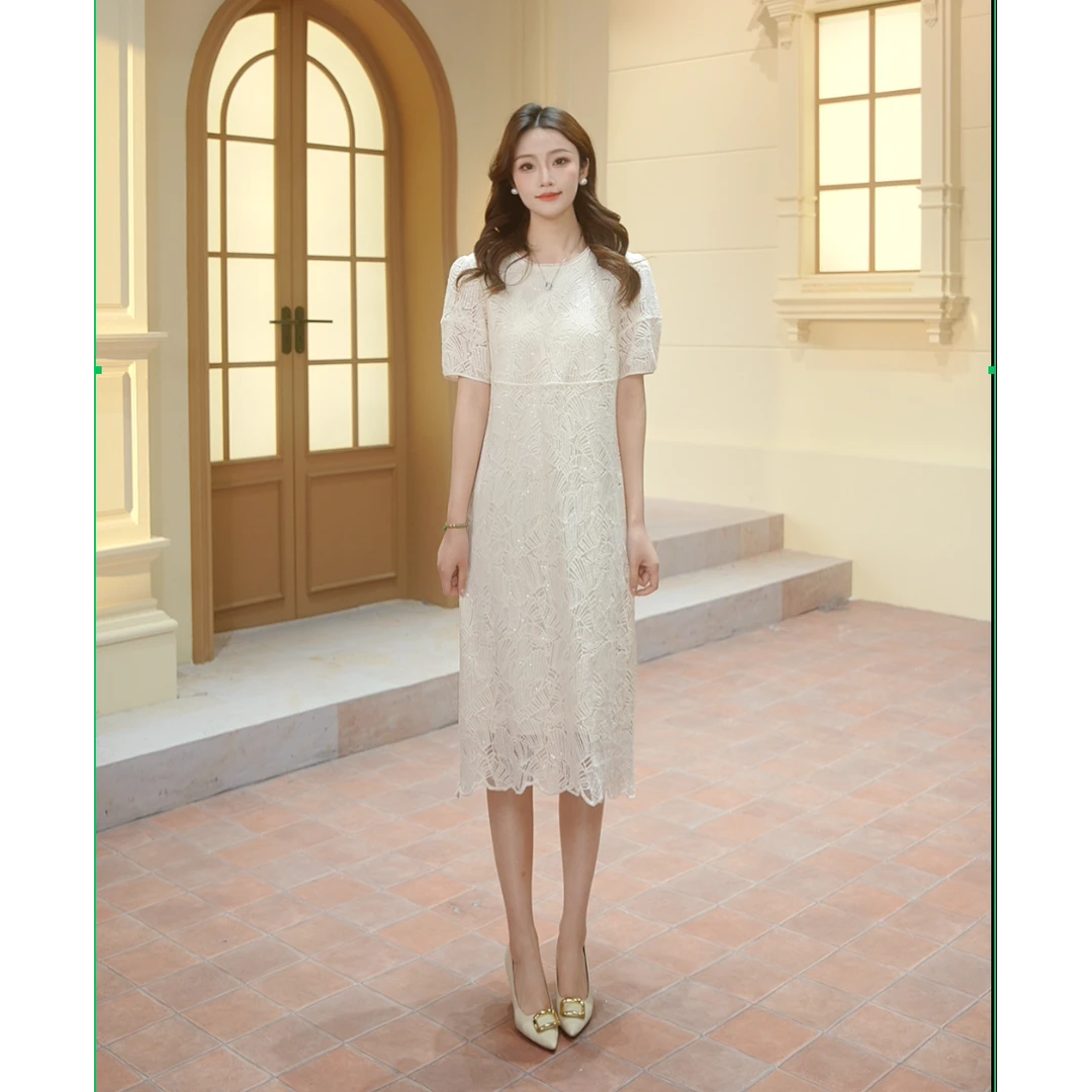 玖姿安娜蔻KWFX50108清冷奢感重工珠片蕾丝小A版连衣裙女2025夏