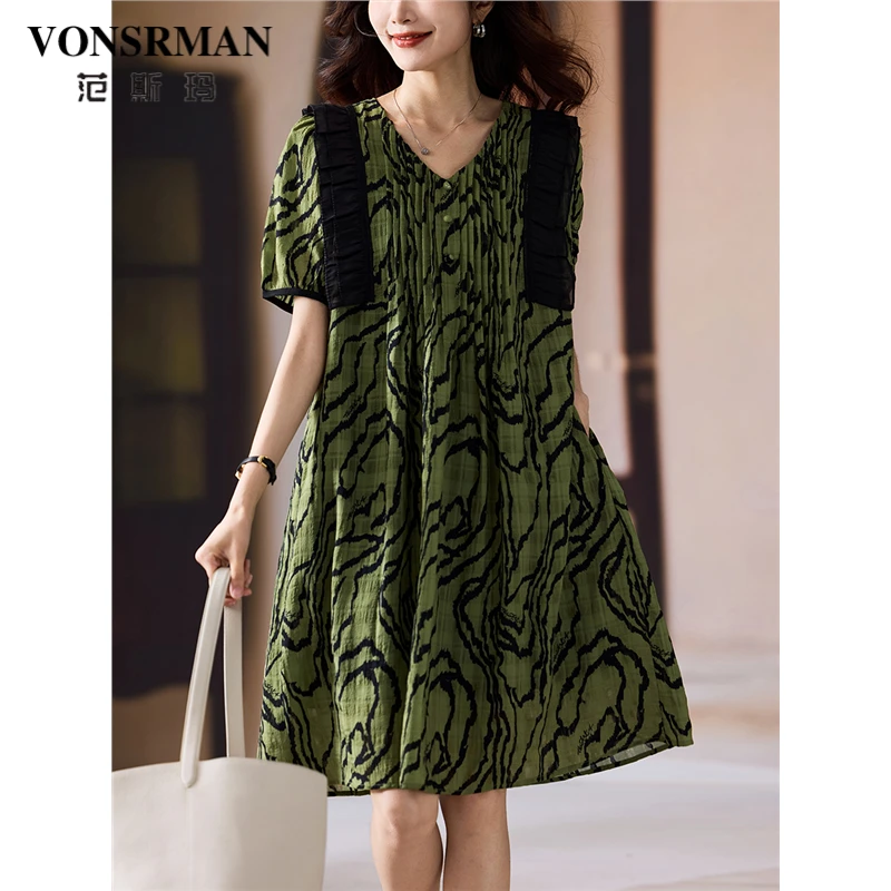 VONSRMAN气质v领印花雪纺连衣裙女夏季新款法式复古大码显瘦a字裙