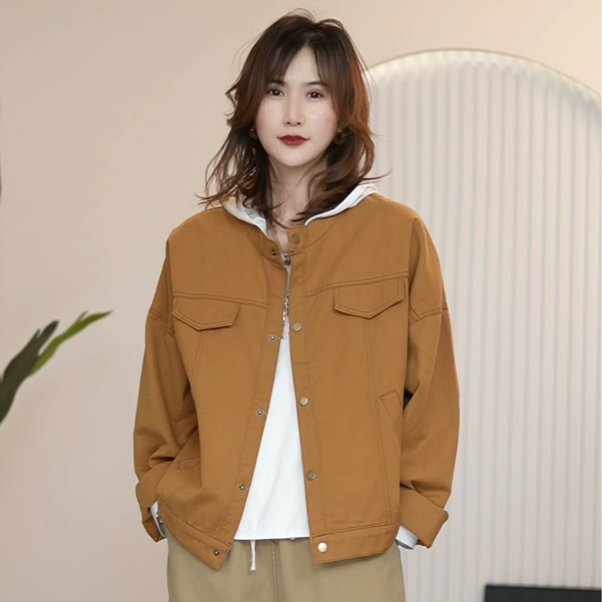 2025春季新款圆领单排扣拼接纯色水洗牛仔外套休闲百搭潮女款上衣