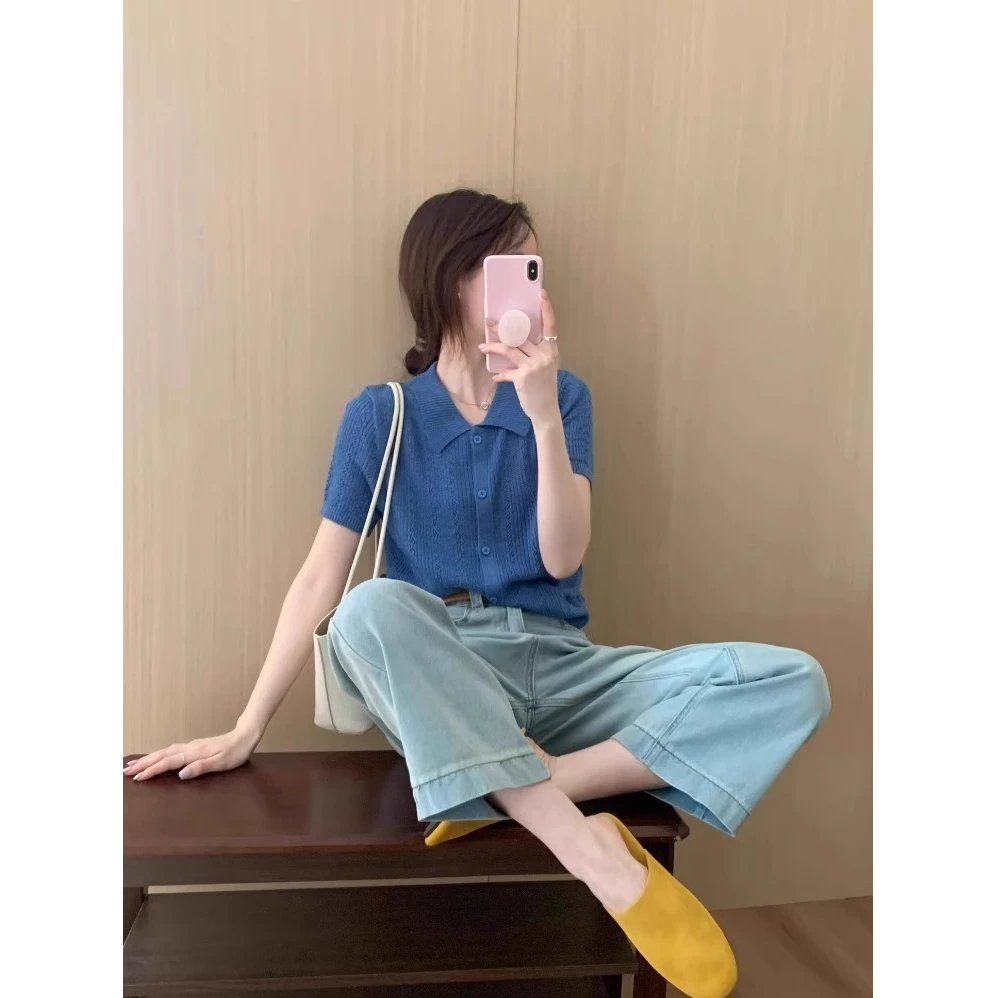 芯娇晴法式复古polo领蓝色针织短袖t恤女2025新款夏季多巴胺上衣