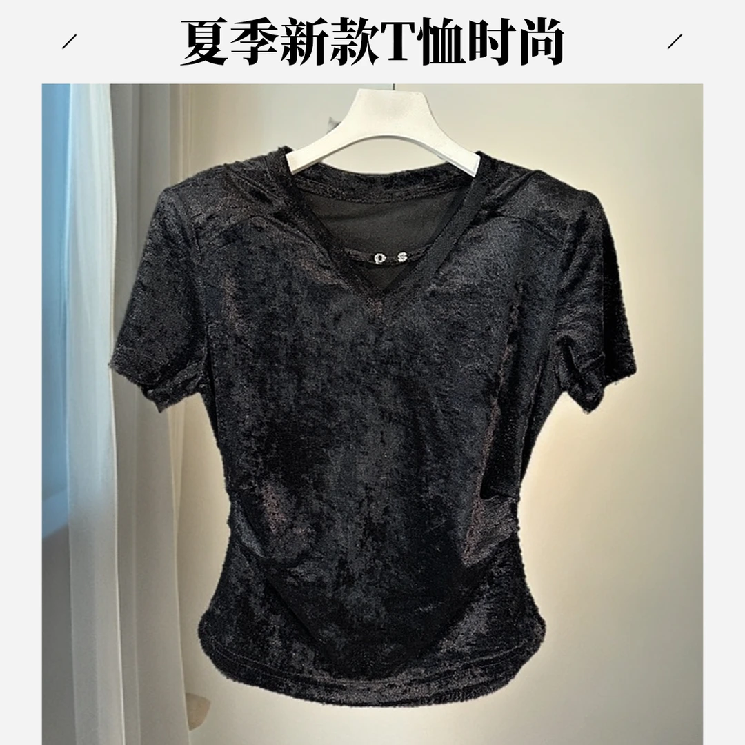 小众炸街高级感女装冰丝绒2025夏季新款短袖正肩T恤时尚休闲薄款