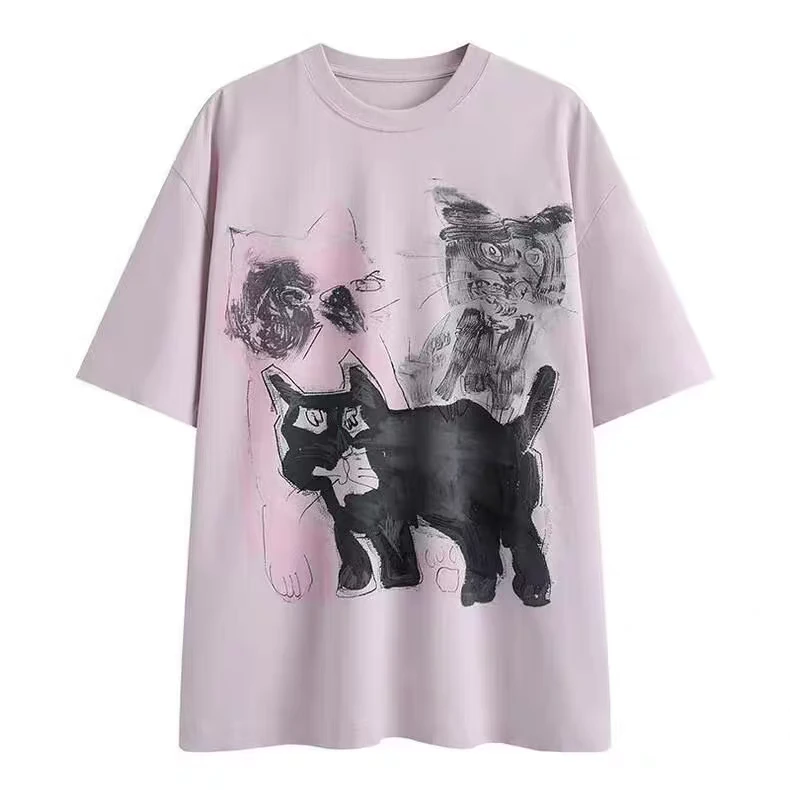 1480【商场同款】江南25春新品T恤女宽松猫咪印花