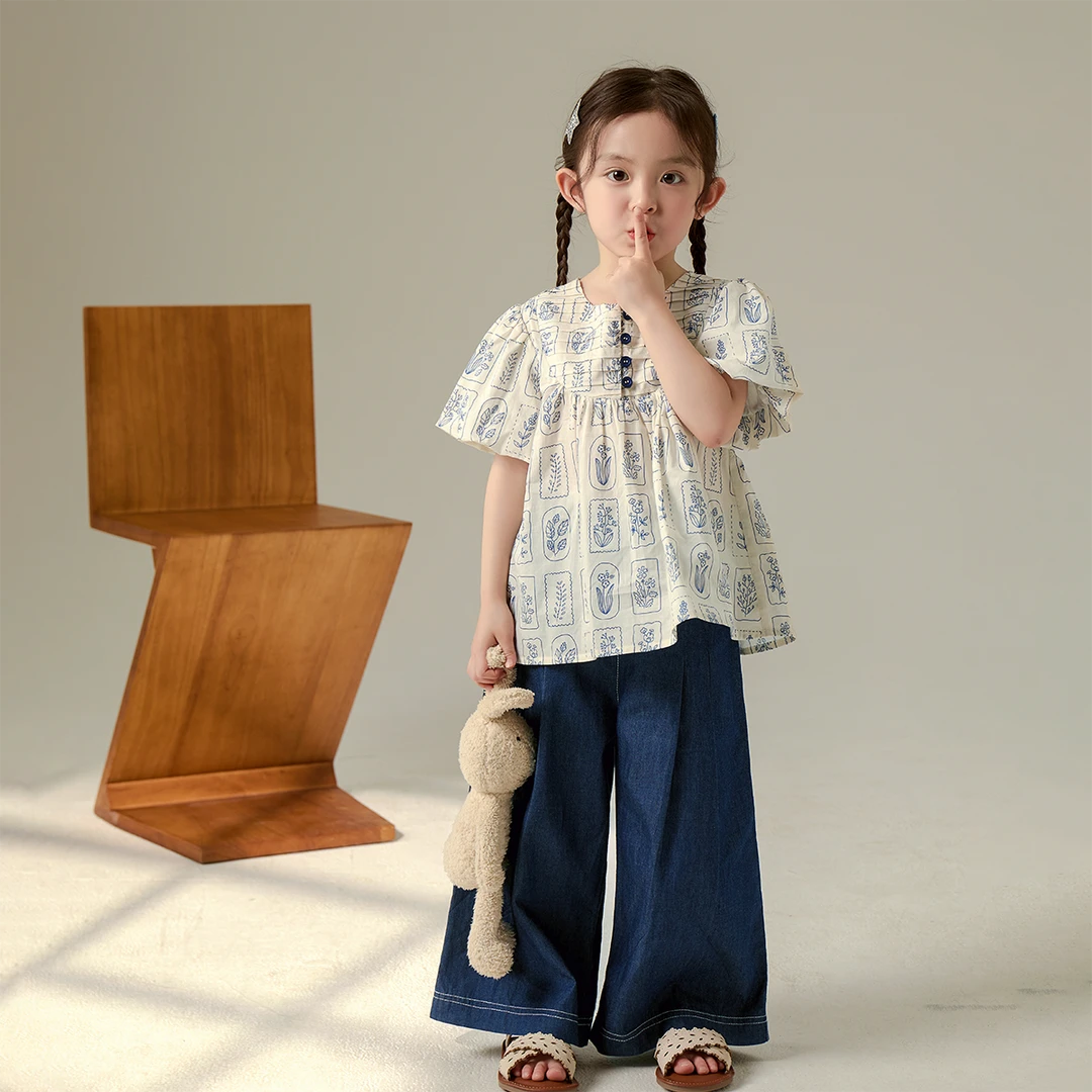 现货【花亭】100棉3091女童夏装时尚女宝娃娃衫洋气百搭短袖衬衫