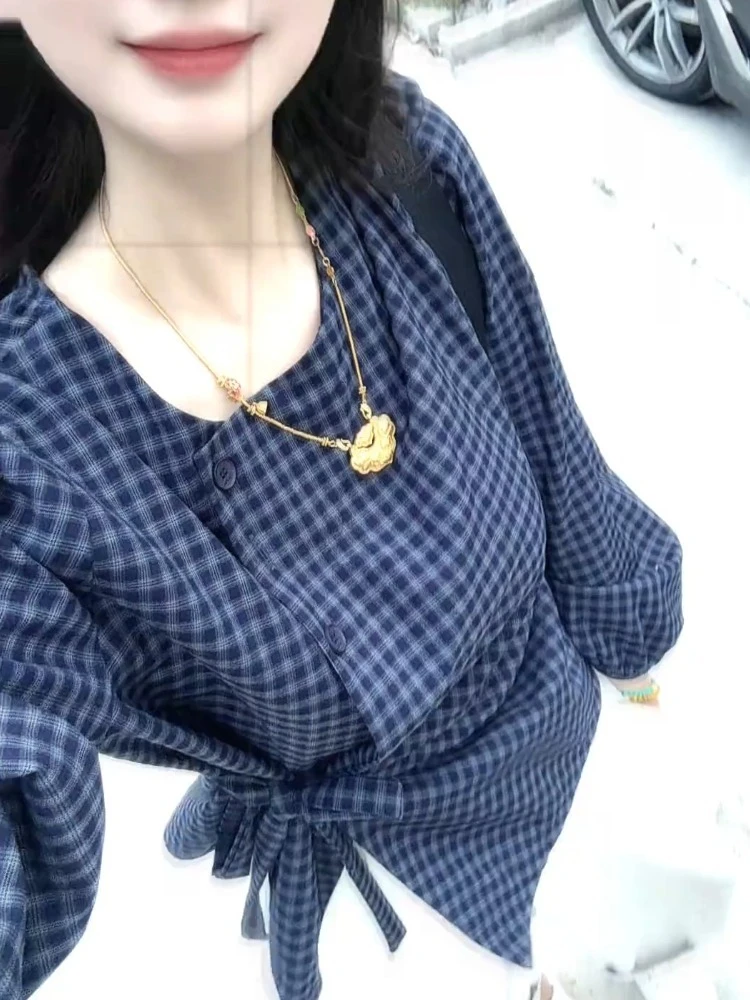 韩系高级感chic别致上衣清爽通勤宽松慵懒风藏青色格纹绑带衬衫女