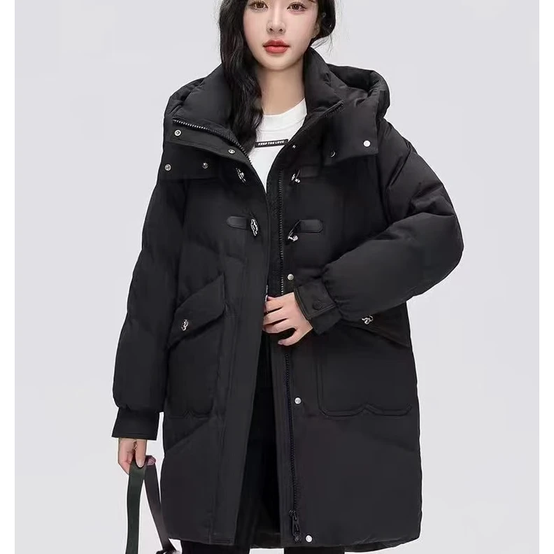 90白鸭绒新款女款羽绒服时尚加厚连帽外套百搭宽松中长款反季