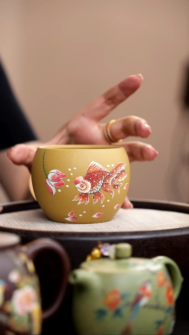 茶壶紫砂黄金段大缸杯泥绘金鱼