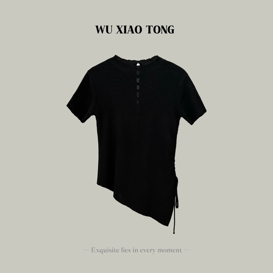 夏季时尚百搭两穿抽绳女装短袖毛针织衫不规则黑色设计感白色罩衫