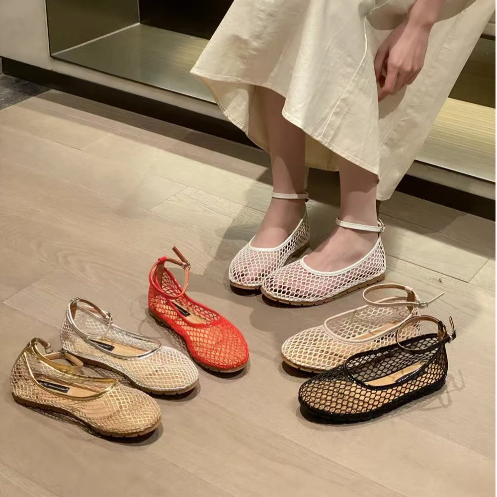 VEEFSHOW 816-6 法式复古圆头渔网镂空一字扣带芭蕾舞夏包头凉鞋