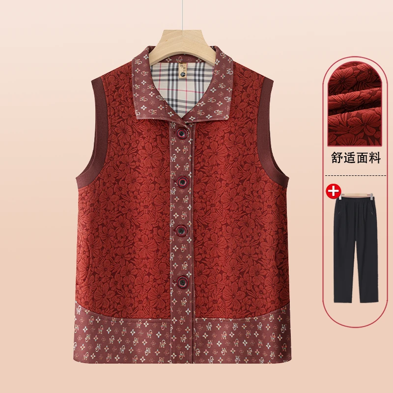 中老年春秋翻领印花马甲新款妈妈盘扣薄款坎肩奶奶老人休闲背心