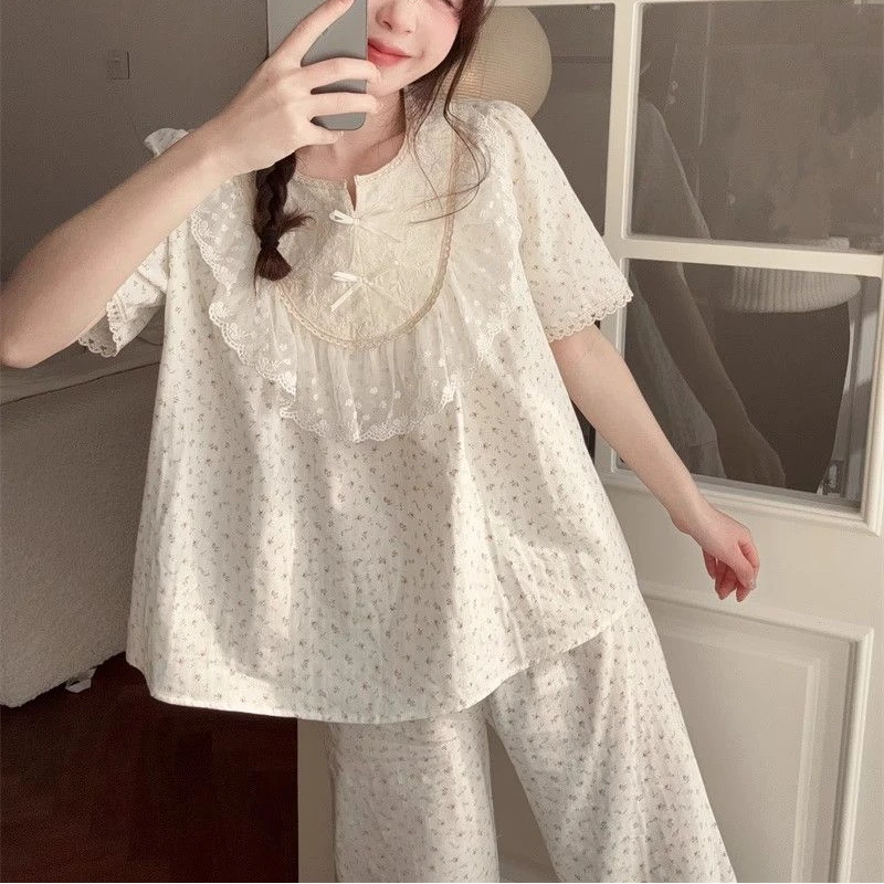 法式宫廷风睡衣女碎花蕾丝花边领高级感甜美风夏季短袖家居服套装
