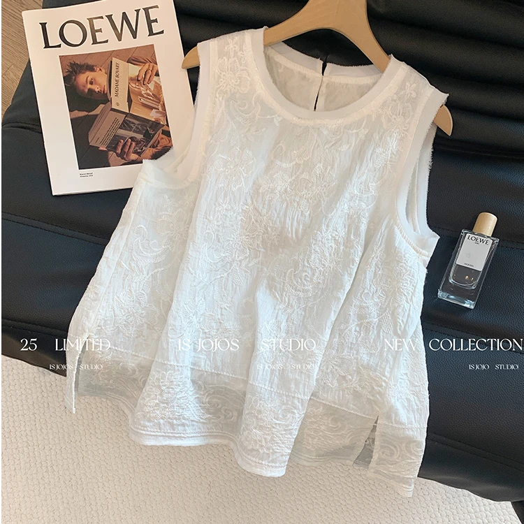 2025新款白色高级感刺绣吊带背心女内搭独特气质宽松显瘦无袖上衣