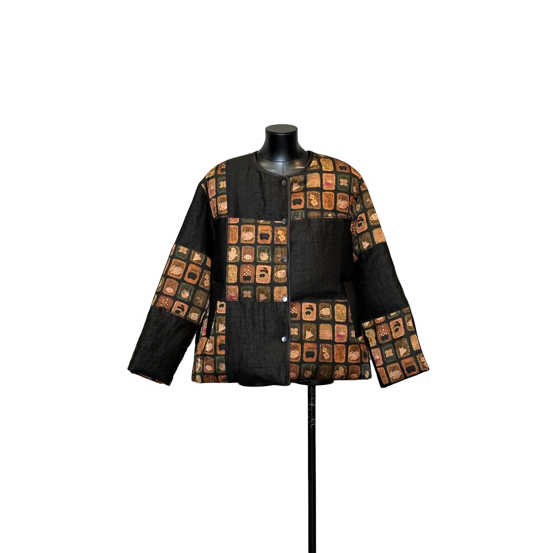 「利琪高订」国风新中式格子拼龟缎夹鹅绒服外套A7022