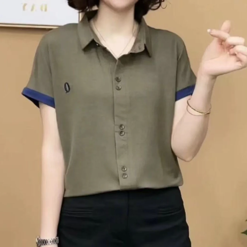 洋气新款女装时尚双粒扣百搭翻领休闲T恤小衫6651