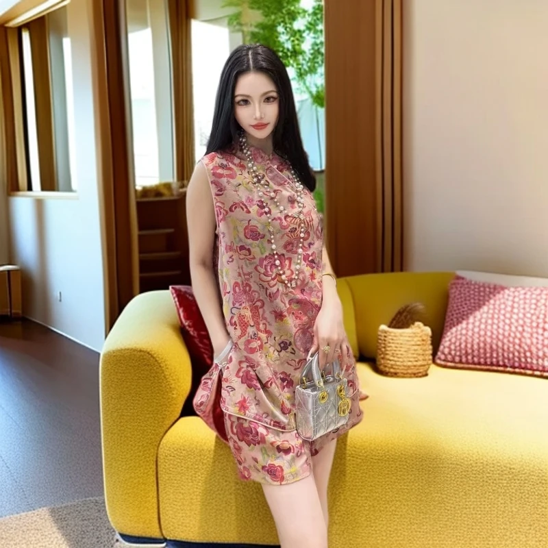 鑫屹女装甄选8295两侧开叉圆领无袖上衣短裤国风提花人丝两件套