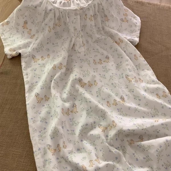 可爱少女小鸭印花短袖睡裙女夏款2025年新款大码慵懒风家居服睡衣