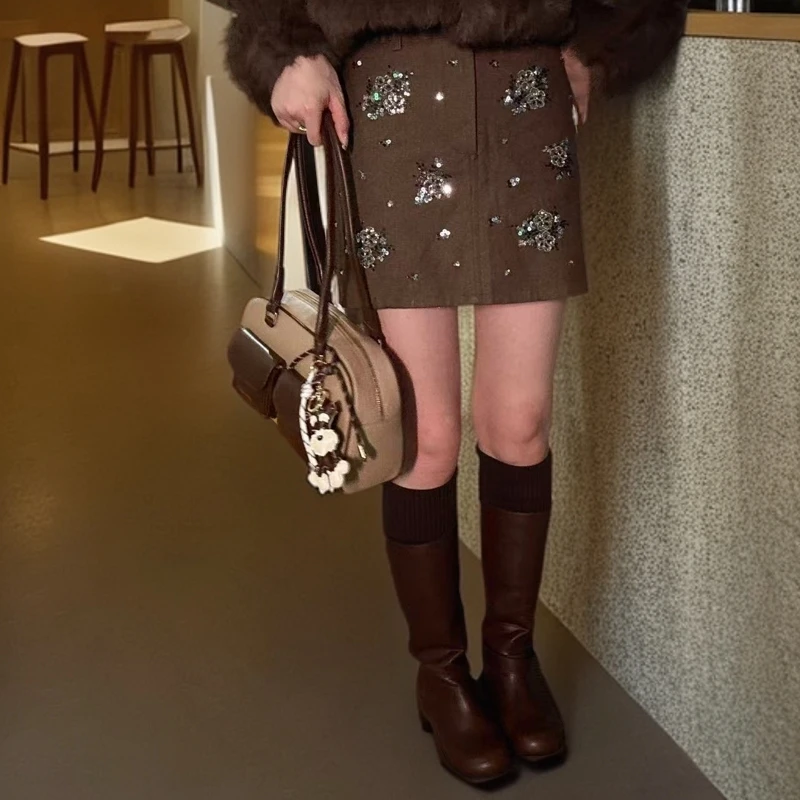 1823"落日树叶"重工钉珠亮片A字短裙