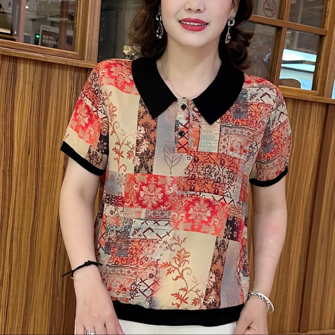 夏季新款时尚洋气翻领短袖T恤印花宽松显瘦减龄休闲妈妈印花上衣