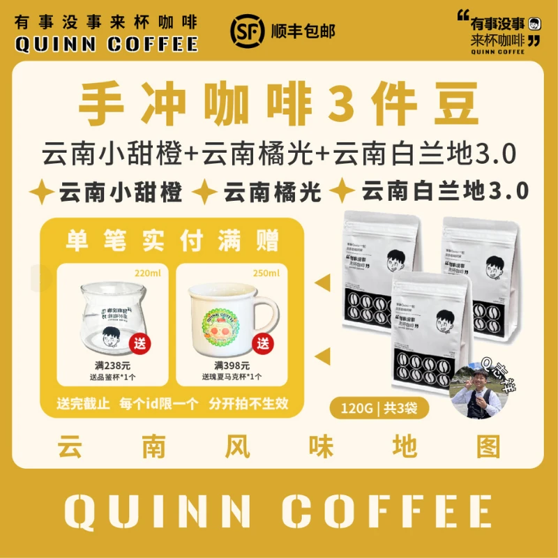 Quinncoffee 手冲精品咖啡豆3包x120g【小甜橙+白兰地3.0+橘光】