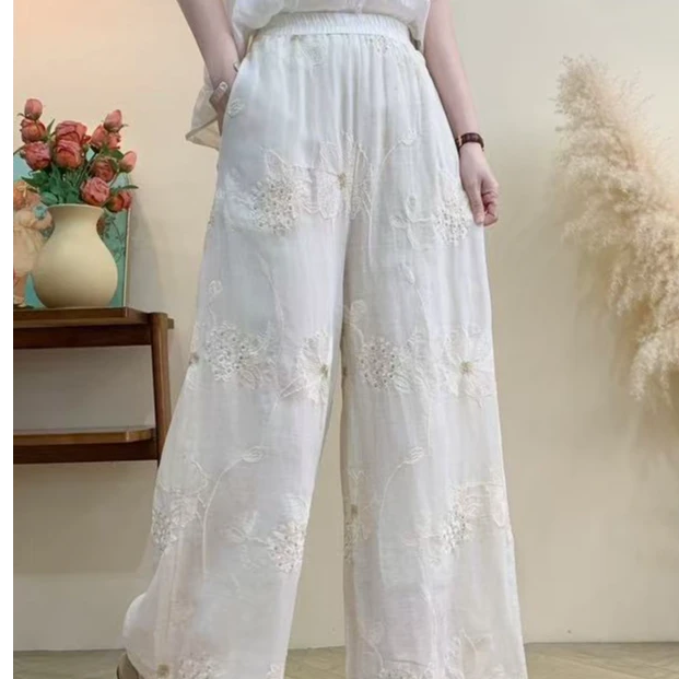 苎麻刺绣长裤裤国风夏季复古宽松中式九分绣花高腰显瘦蕾丝文艺