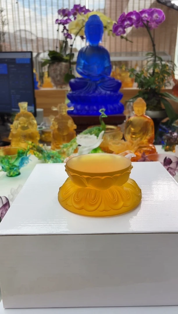 手工艺品琉璃琥珀色双层莲花底座10*7*4公分