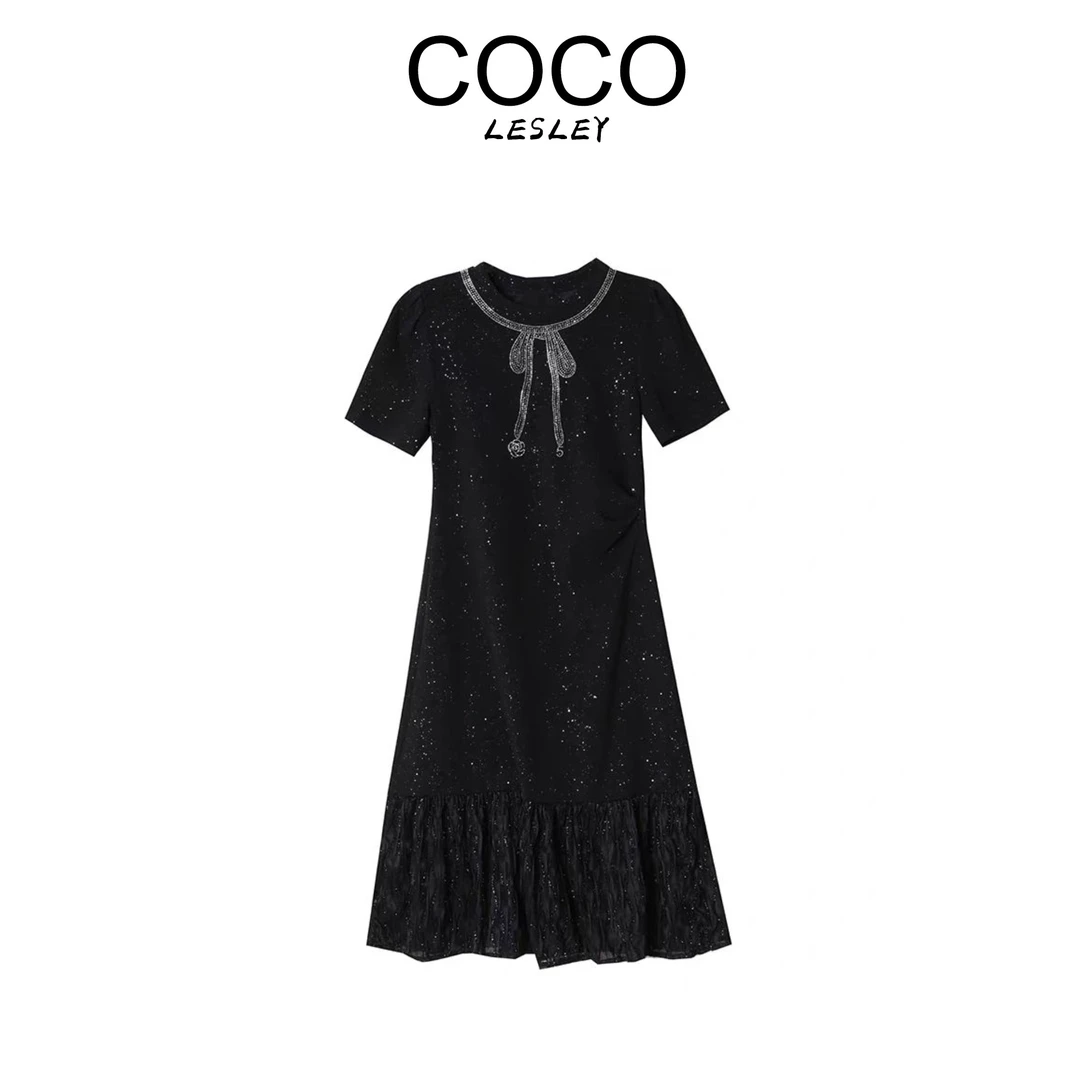 棉领口钻饰蝴蝶结收腰设计气质连衣裙msl555