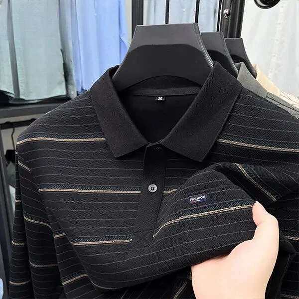 春秋季男士中年爸爸装长袖商务休闲薄款条纹真口袋POLO衫