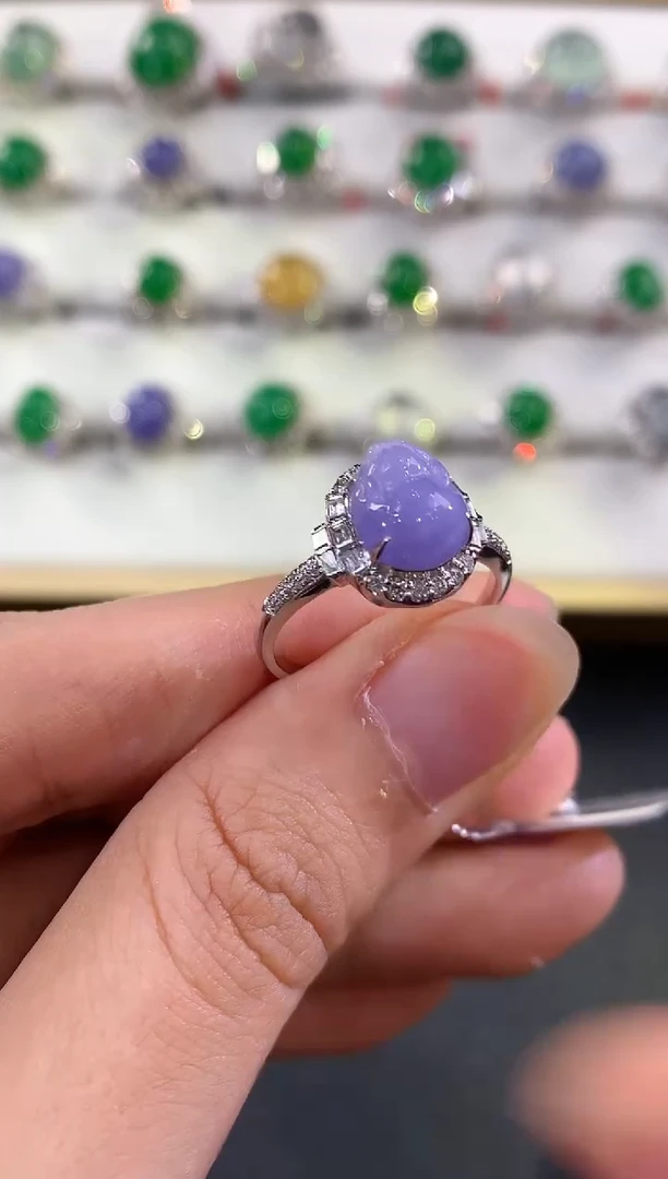 翡翠戒指18K金镶嵌B107 紫色有色差