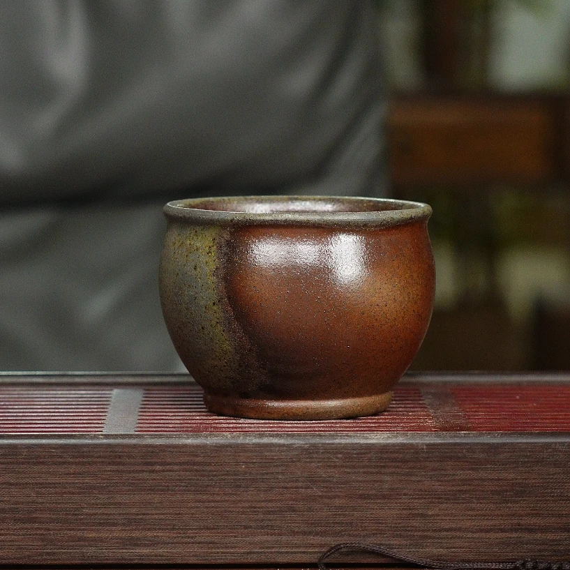 240毫升柴烧本山段泥双线主人缸杯（带青釉色窑变）宜兴柴烧紫砂杯