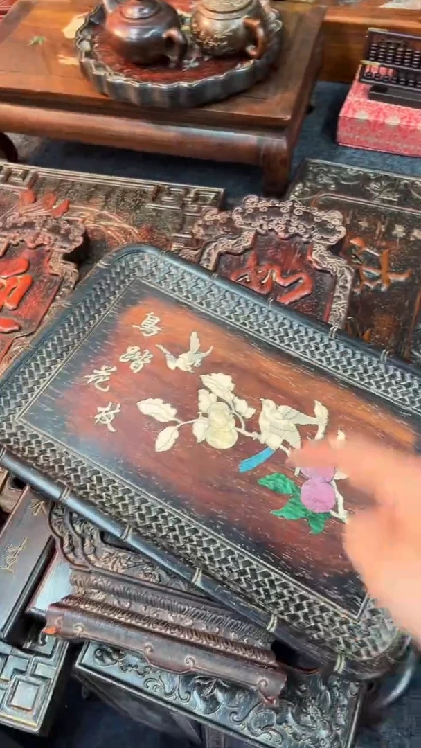 非洲紫檀（红花梨）鸟踏花枝36x24cm赏盘鸟踏花枝无底座