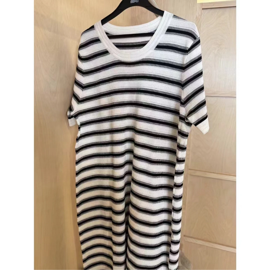 晶咕 薄款条纹圆领针织长裙